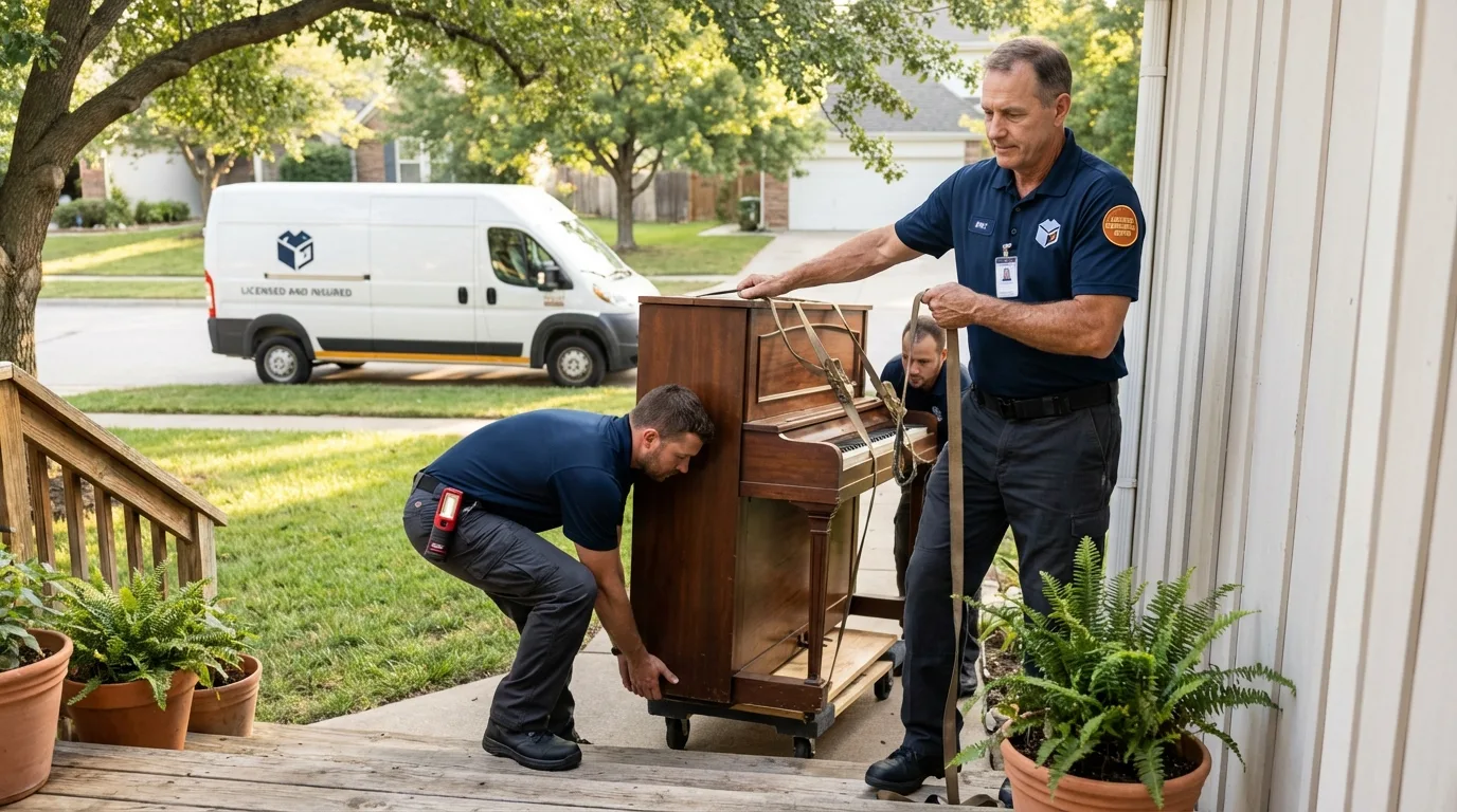 Licensed piano movers securing grand piano in Arlington, VT