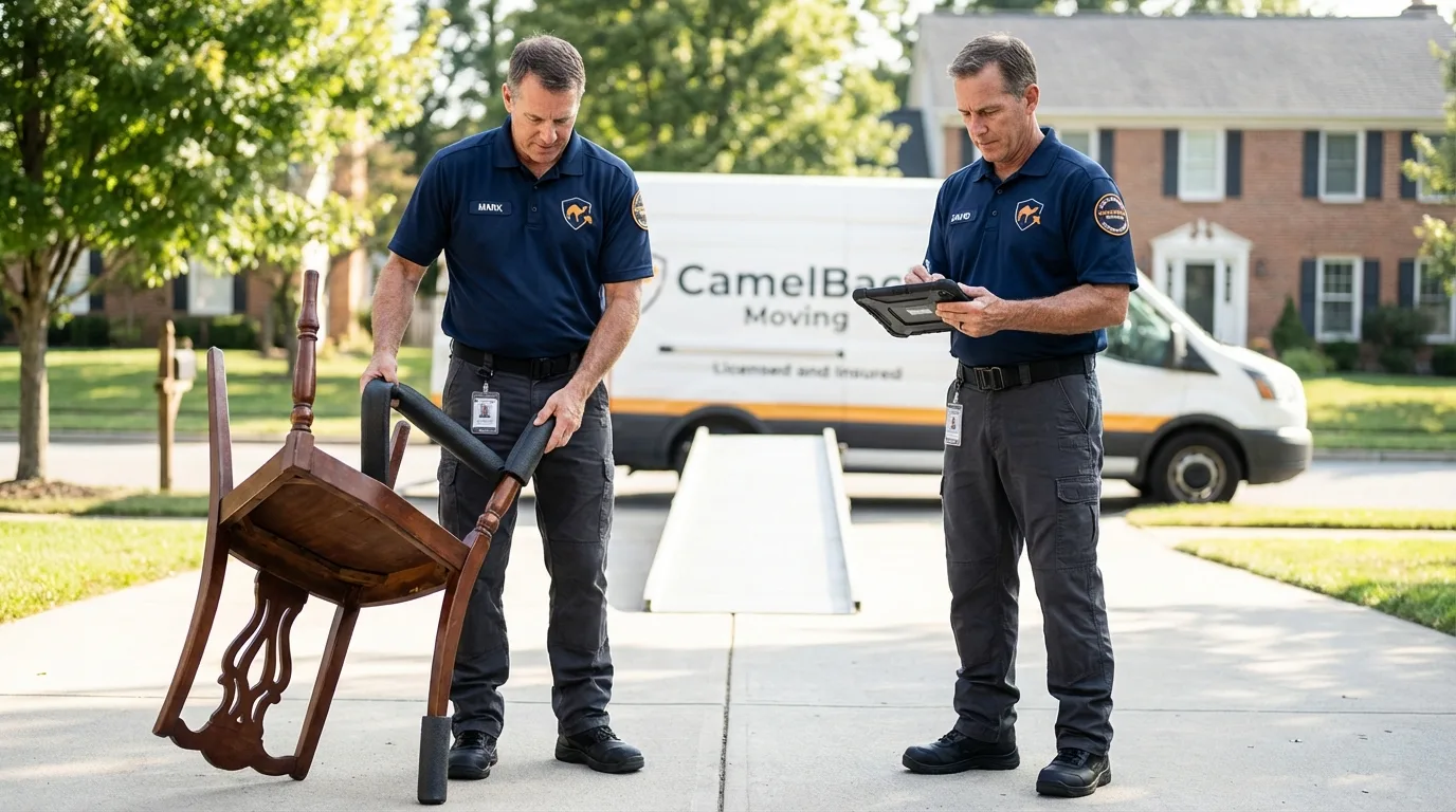 Movers inspecting furniture for damage prevention before loading in Arlington, VT
