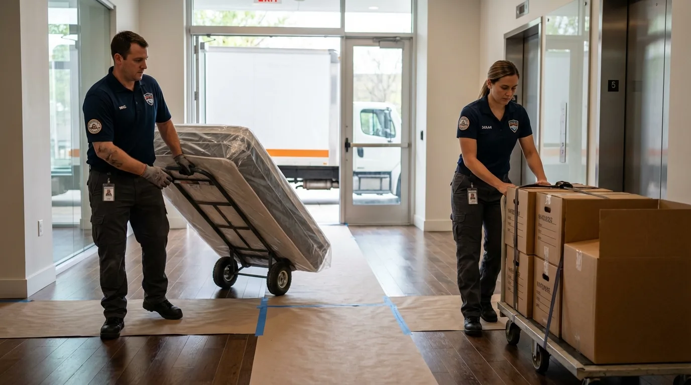 Professional apartment movers loading elevator in Arlington, VT