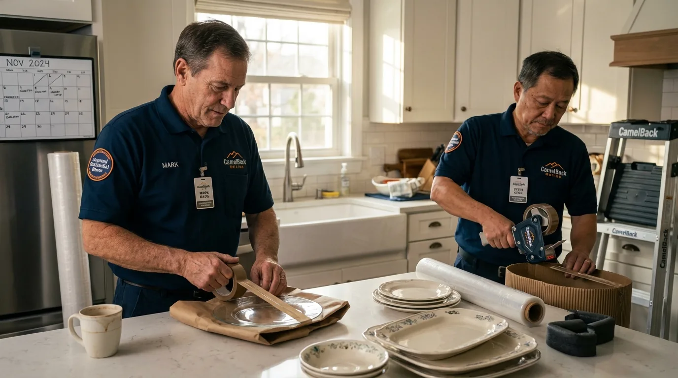 Professional crew packing kitchen dishware in Arlington, VT
